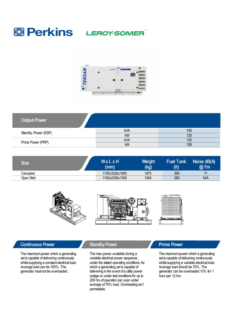 150 KVA PERKINS DIESEL GENERATOR SPECIFICATIONS PDF visual data 2