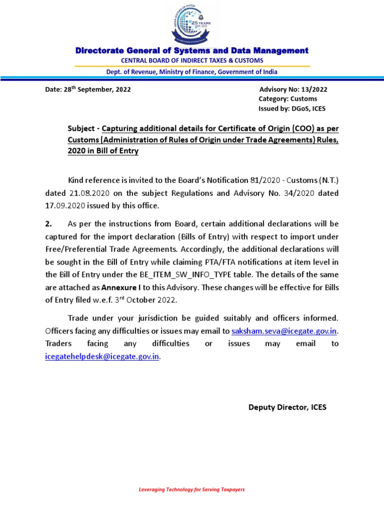 COO Details in Bill of Entry Advisory | PDF | Customs | Taxes