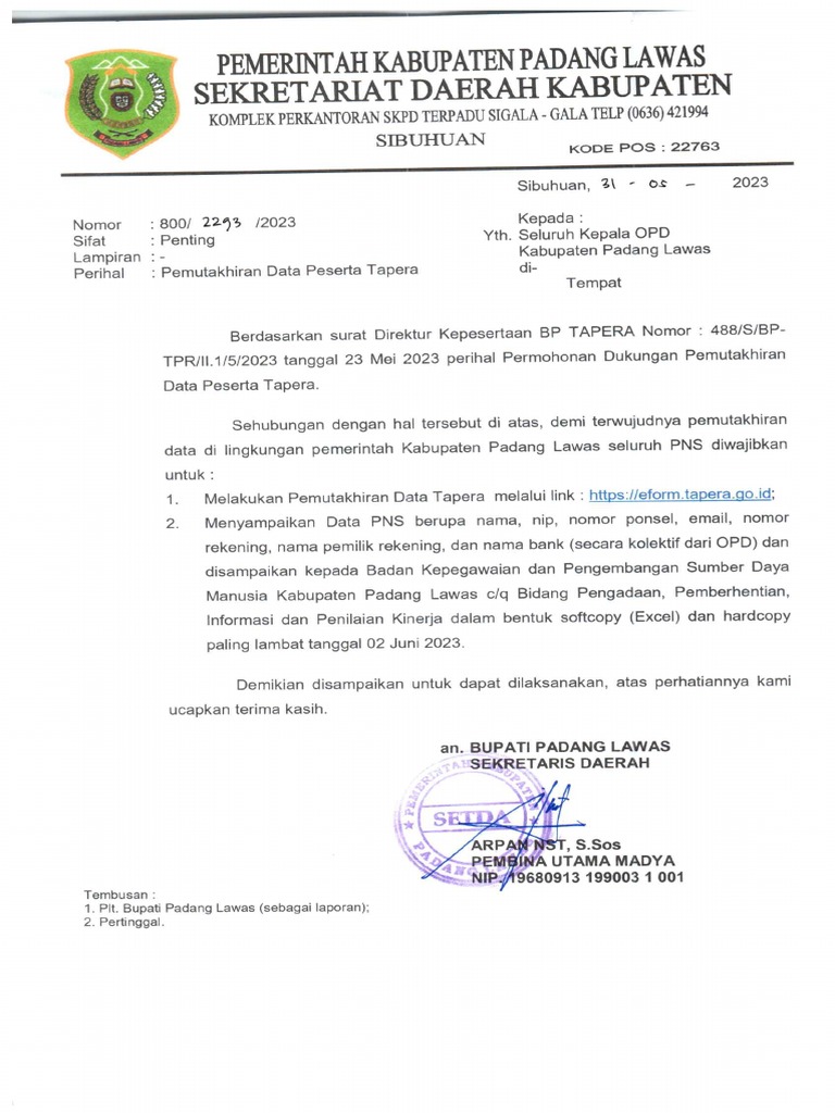 Surat update data tapera pdf