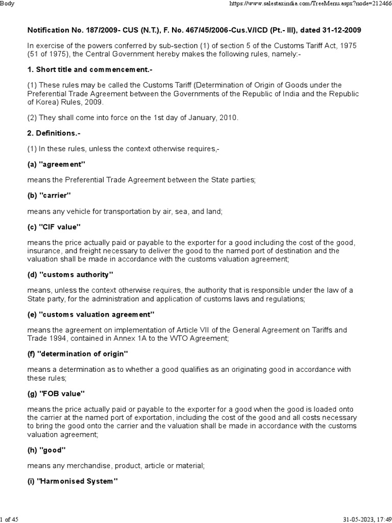 Determination of Origin Rules IndiaKorea PDF
