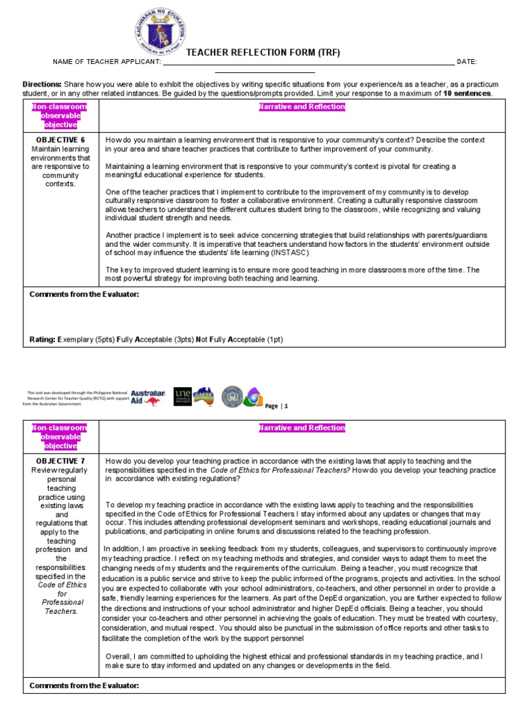 Teacher Reflection Form TRF | PDF | Teachers | Learning