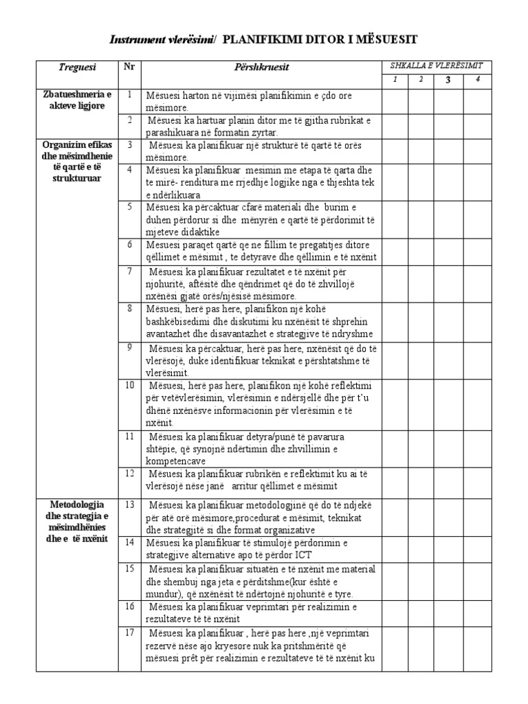 Instrument Vëzhgimi Për Planifikimin Ditor Te Mësuesit Eva | PDF