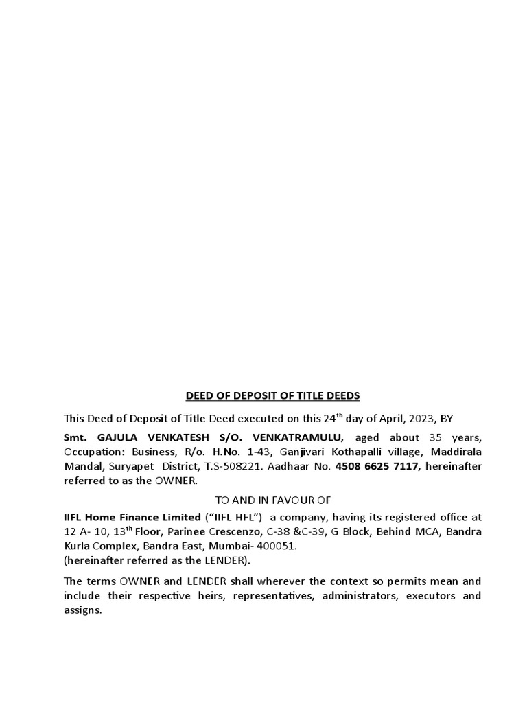 Iifl HFL Modt Deed Pulusu Manjula | PDF | Loans | Deed