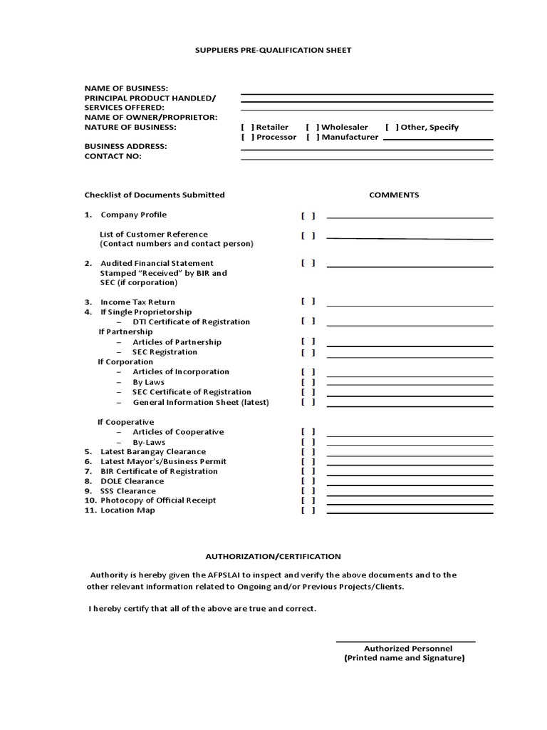 Supplier PreQualification Sheet PDF