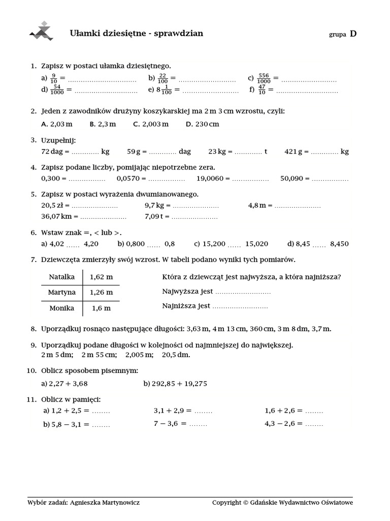 Ułamki Dziesiętne Sprawdzian Klasa 5 Matematyka Z Plusem Chomikuj 60481224-Ułamki Dziesiętne - Sprawdzian | PDF