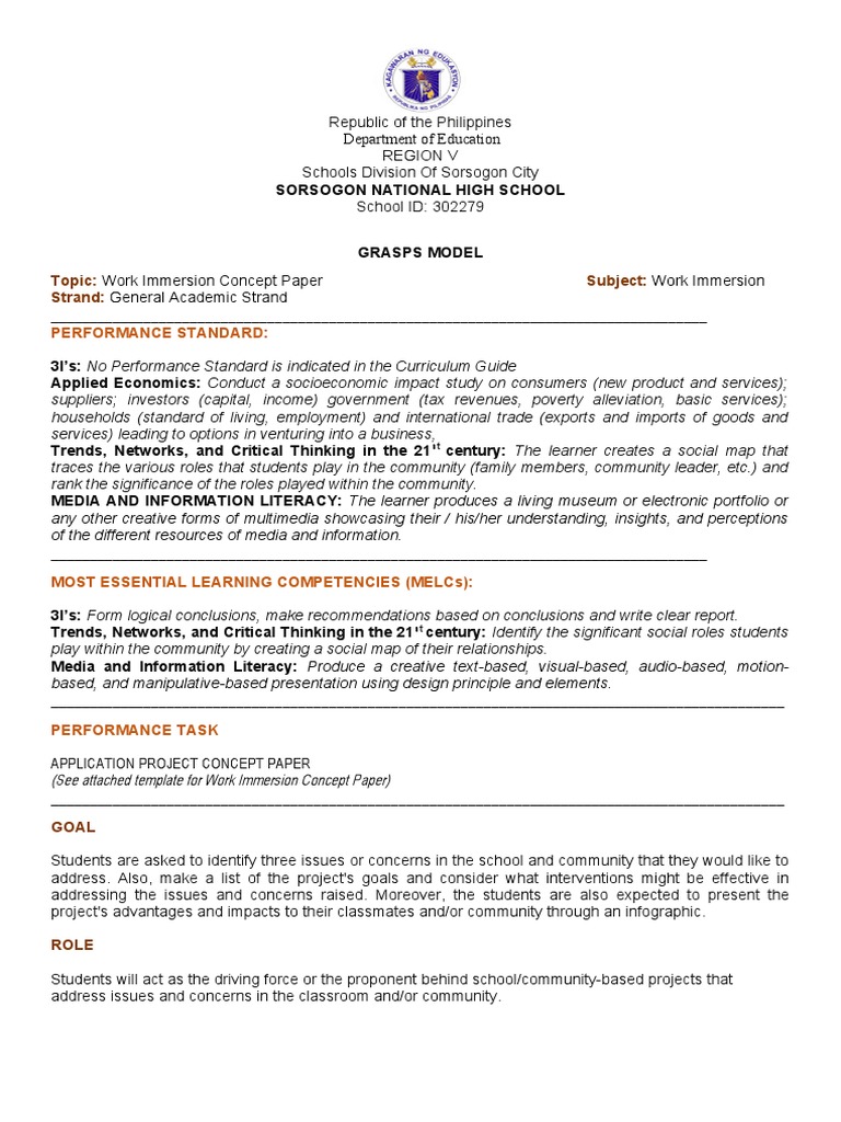Work Immersion Concept Paper Guide | PDF | Critical Thinking ...