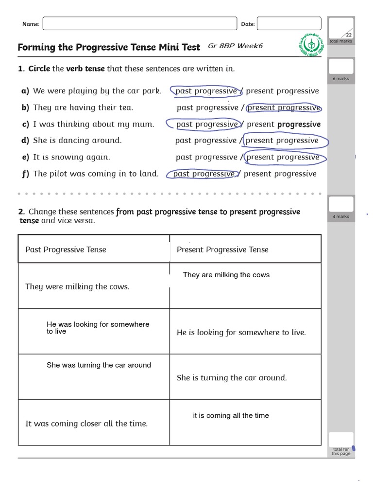 Progressive Tense Practice Test | PDF