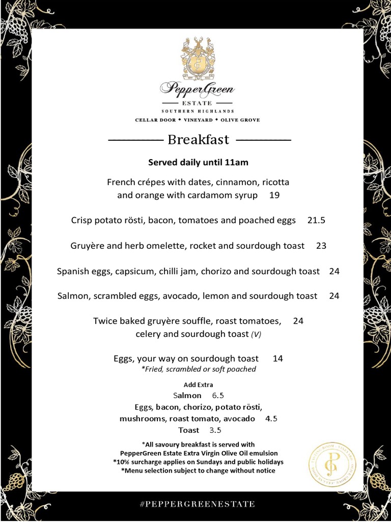 Peppergreen Estate 2023 Menu PDF European Cuisine Food Ingredients