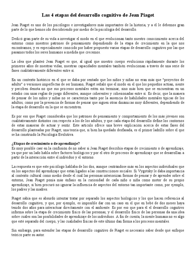 Las 4 Etapas Del Desarrollo Cognitivo de Jean Piaget | PDF | Desarrollo ...