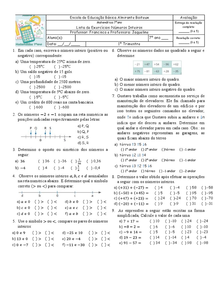 Exercícios de Números Inteiros 7º Ano | PDF | Matemática