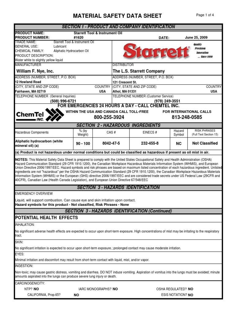 Starrett Tool Oil Msds PDF