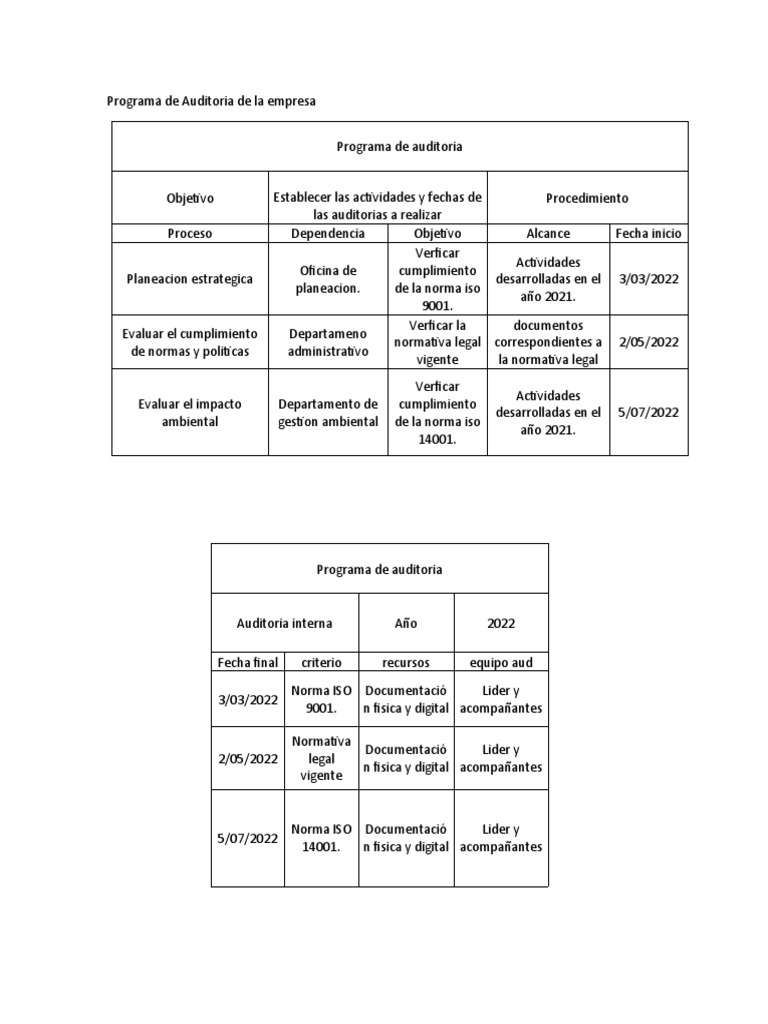 AA2-Ev2 Taller Programa y Plan de Auditoria | PDF