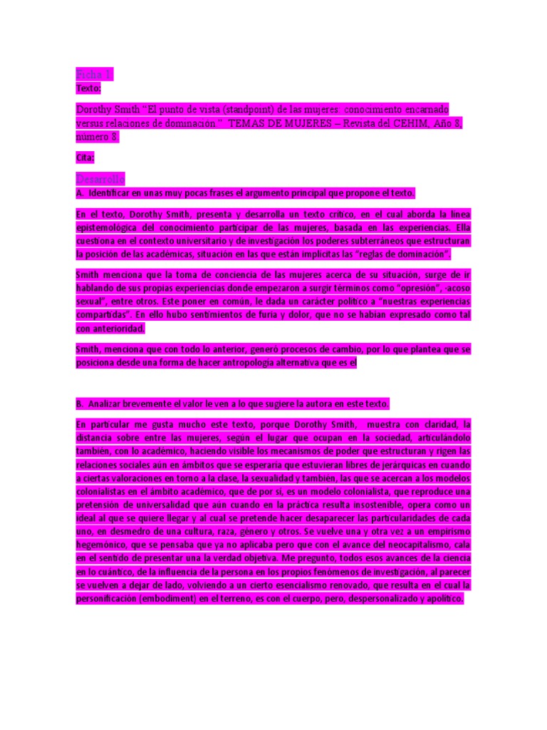 Ficha 1. Resumen Dorothy Smith "El Punto de Vista (Standpoint) de Las