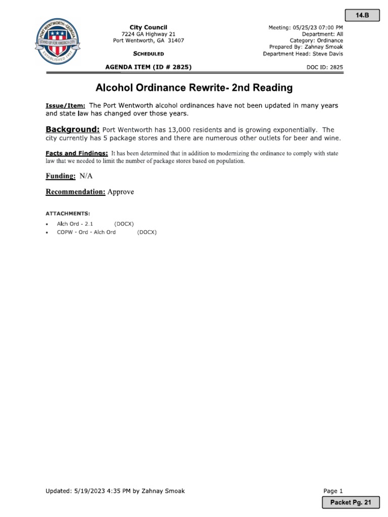 Port Wentworth New Alcohol Ordinance PDF