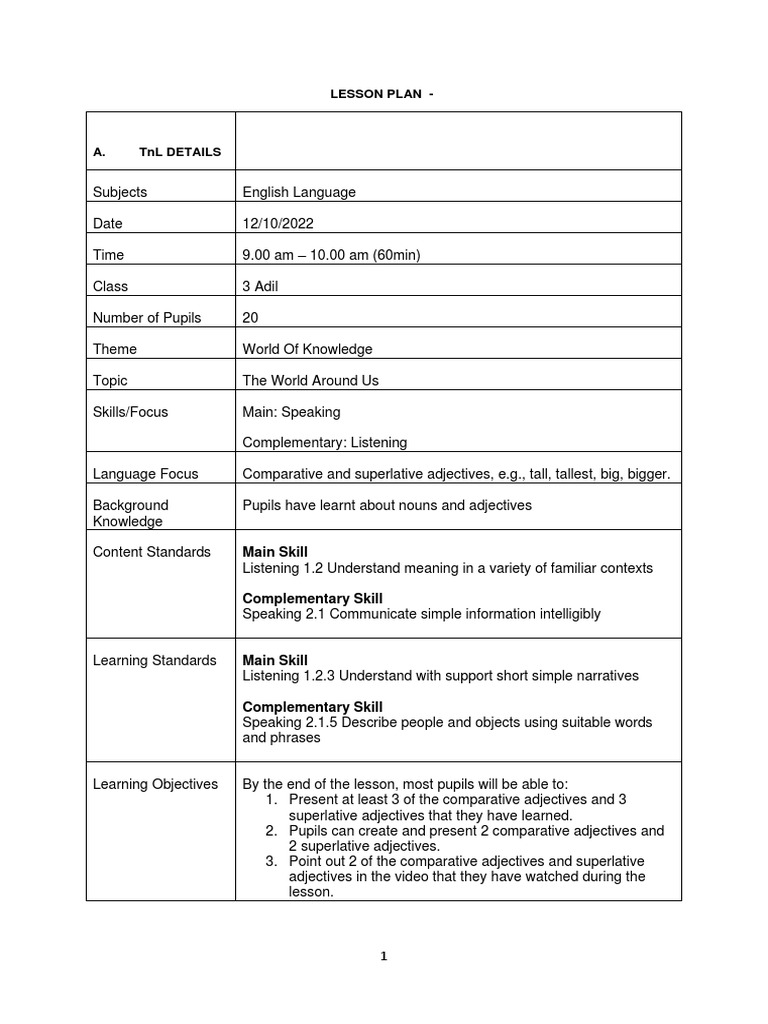 Comparative and Superlative Lesson Plan | PDF | Adjective | Lesson Plan