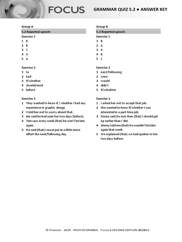 Focus 4 Grammar Quiz 5.2 Answers | PDF