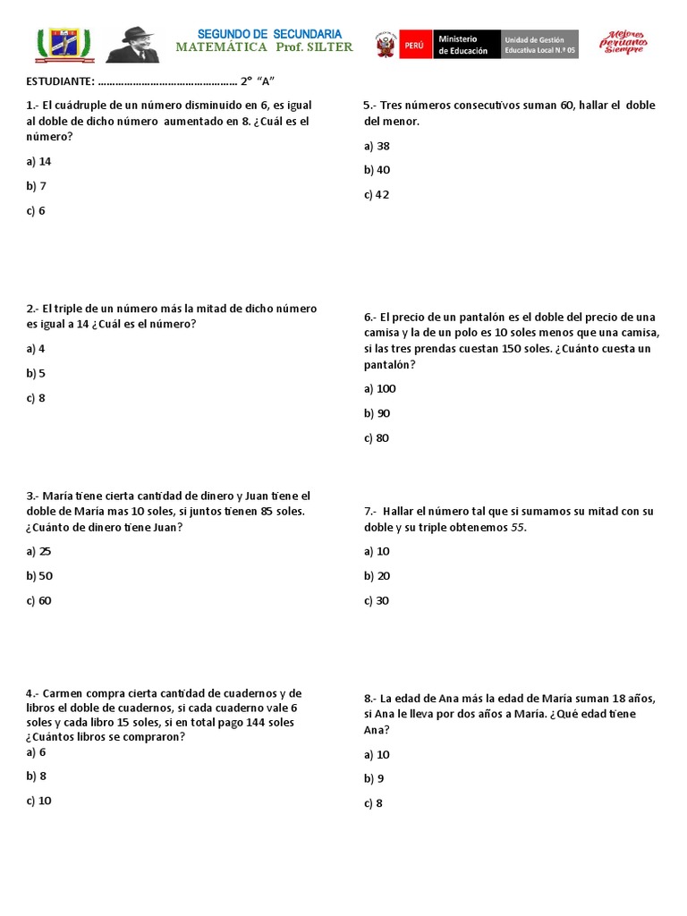 Problemas Matemáticos para 2° de Secundaria | PDF