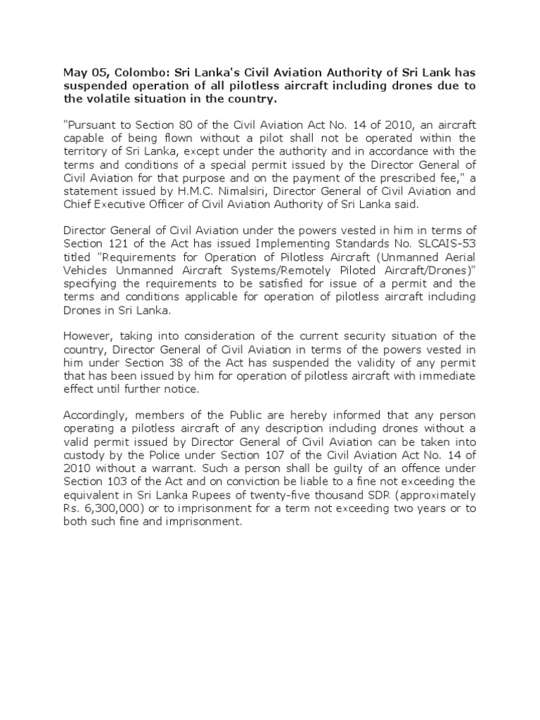 Drone Law of Sri Lanka PDF