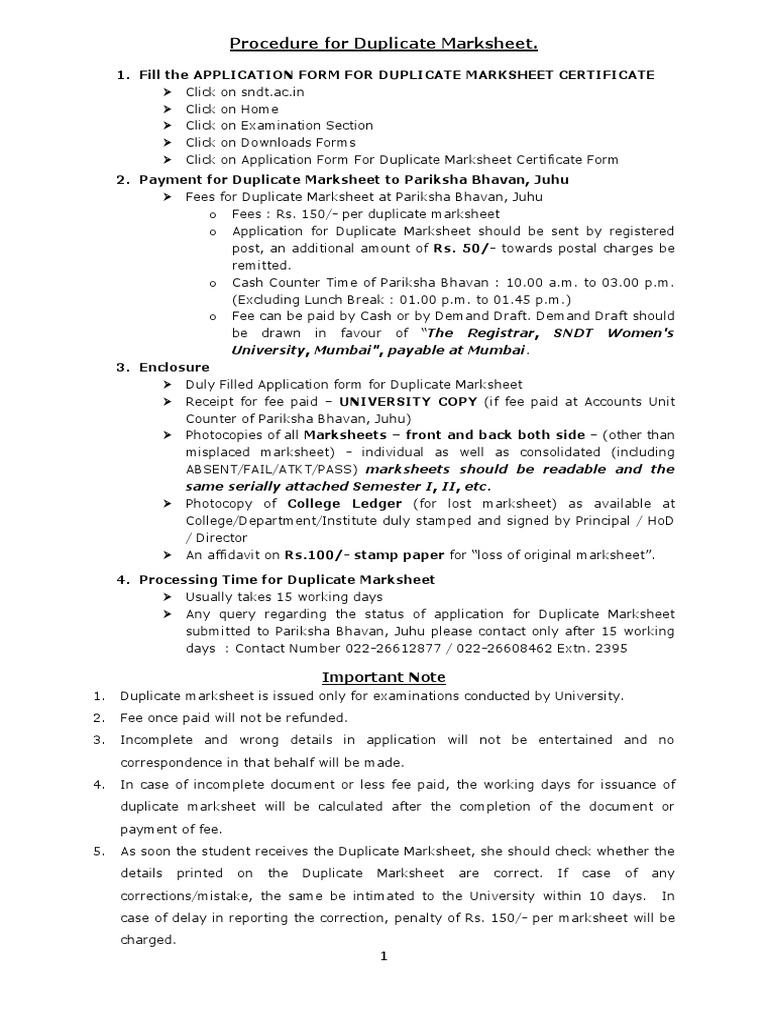 Procedure for Duplicate Marksheet PDF