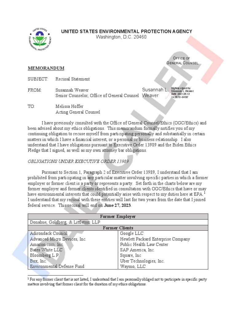 Susannah Weaver EPA Ethics Recusal Statement PDF