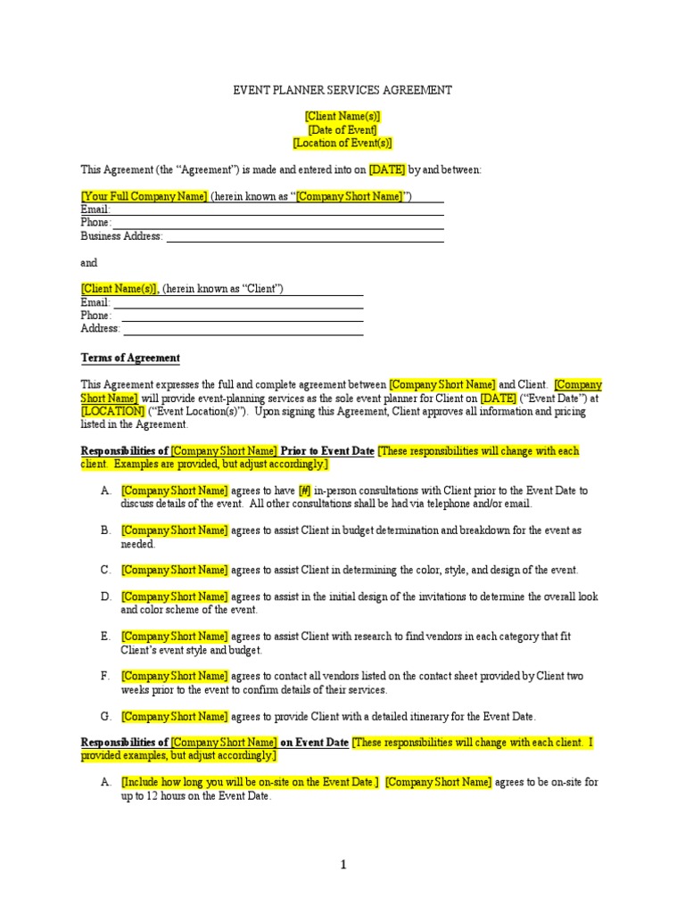Event Planner Services Contract Template 1 | PDF