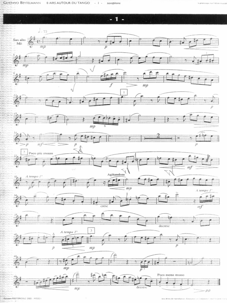 Partition MISTERIOSO BEYTELMANN - 8 AIRS AUTOUR DU TANGO Pour Saxophone MiB Et Piano
