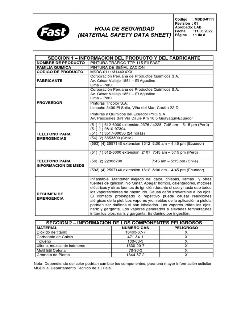 MSDS-0111 Pintura Trafico Ttp-115-Fii-Fast | PDF | Agua | Ventilación ...