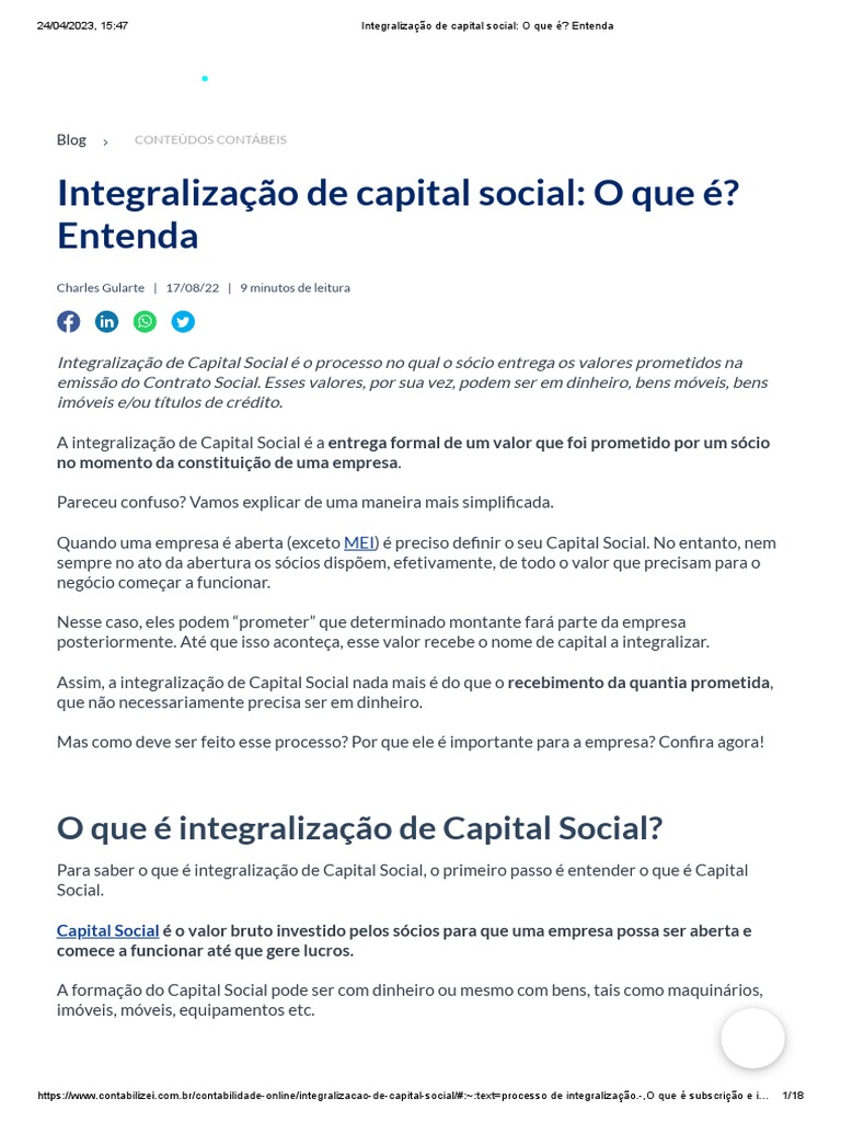 Integralização de Capital Social - O Que É - Entenda | PDF