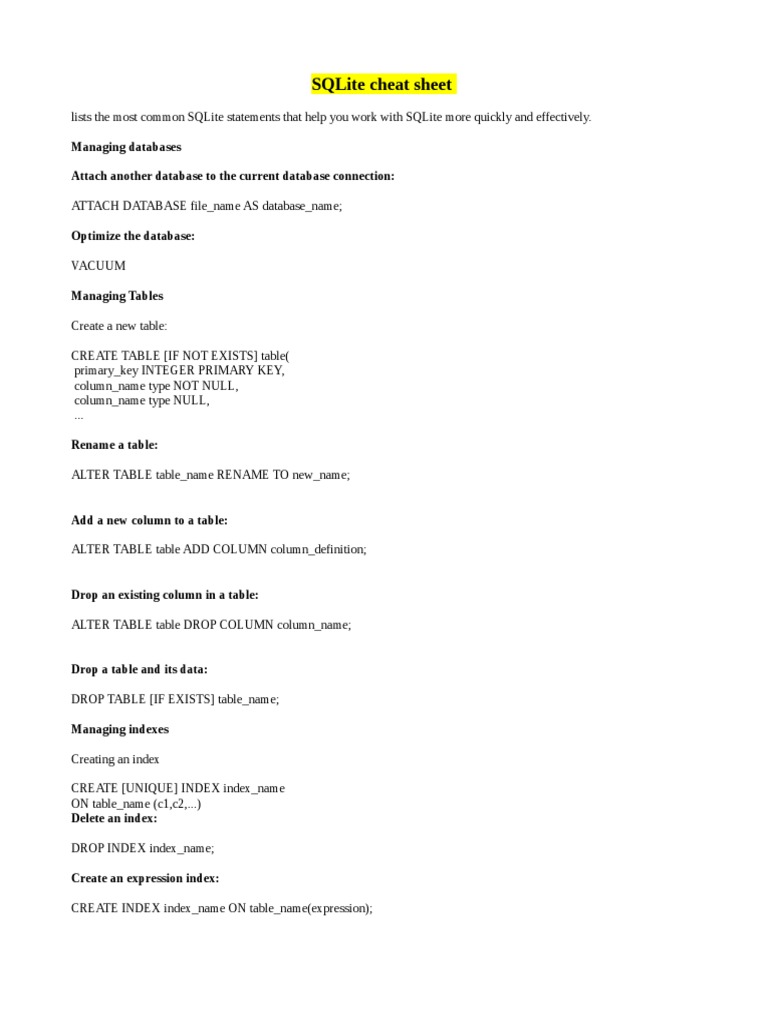 SQLite Query Cheat Sheet | PDF | Database Index | Table (Database)