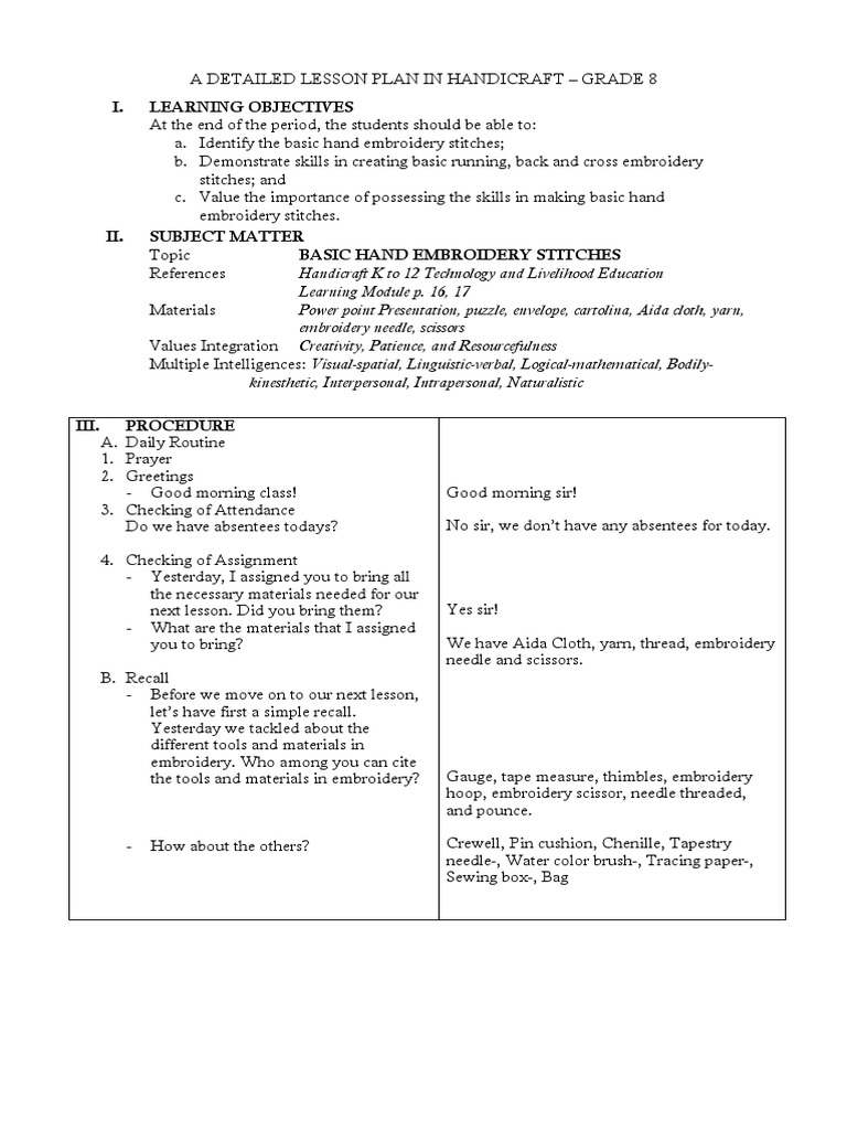 A Detailed Lesson Plan in HANDICRAFT 8 | PDF | Embroidery | Textiles, image size:768x1024
