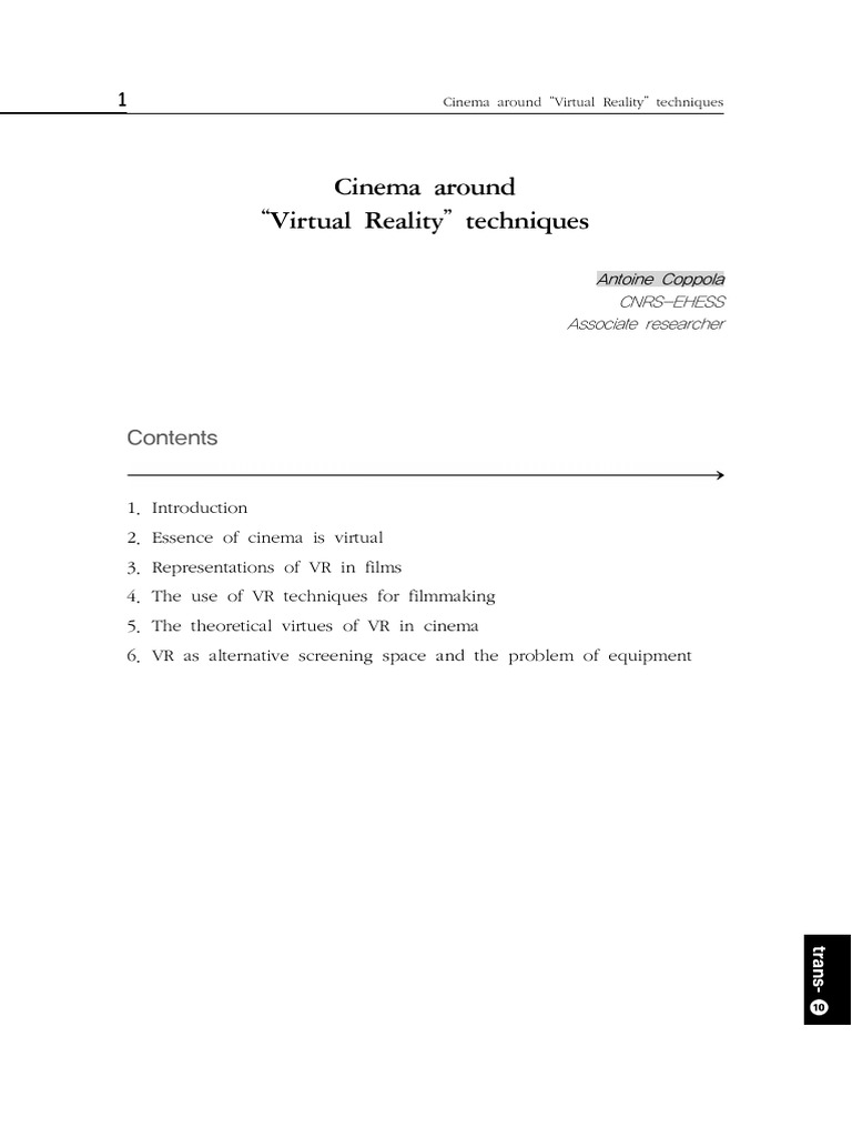 Cinema Around Virtual Reality Techniques PDF Virtual Reality