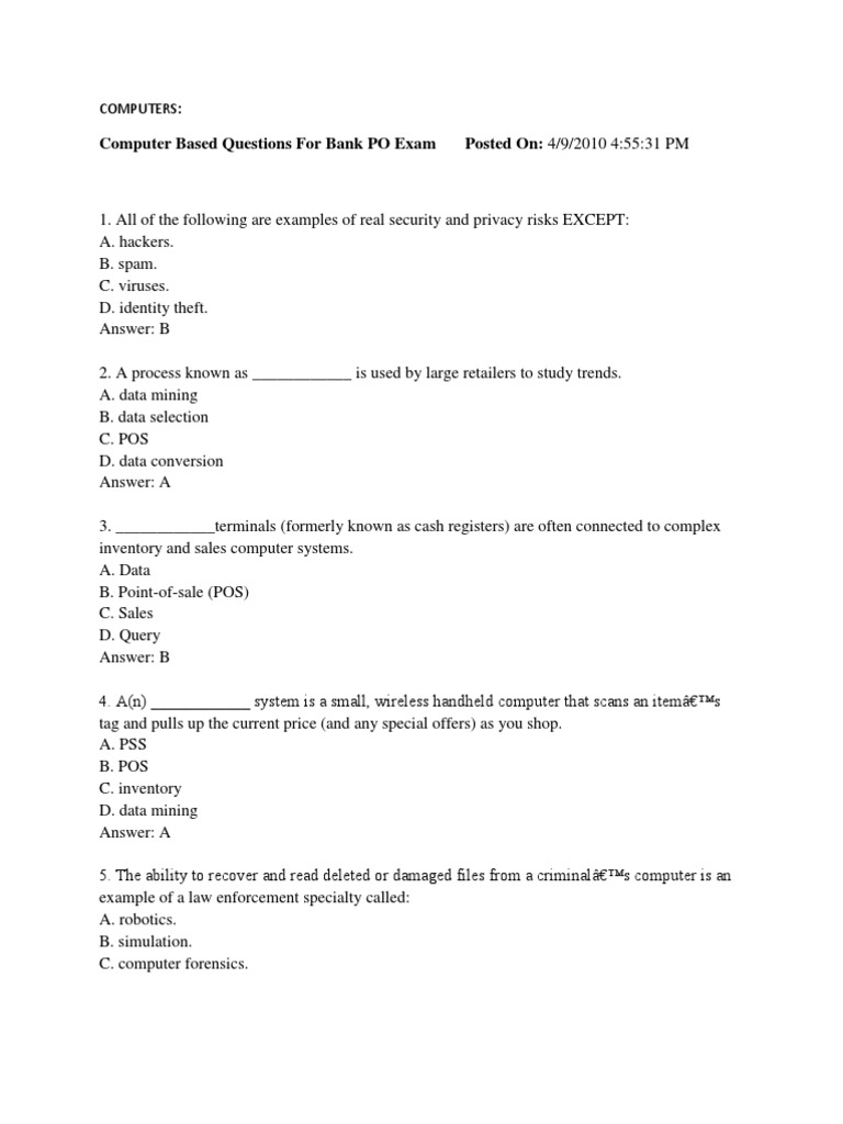 Computer Based Questions For Bank PO Exam Posted On: 4/9/2010 4:55:31 ...