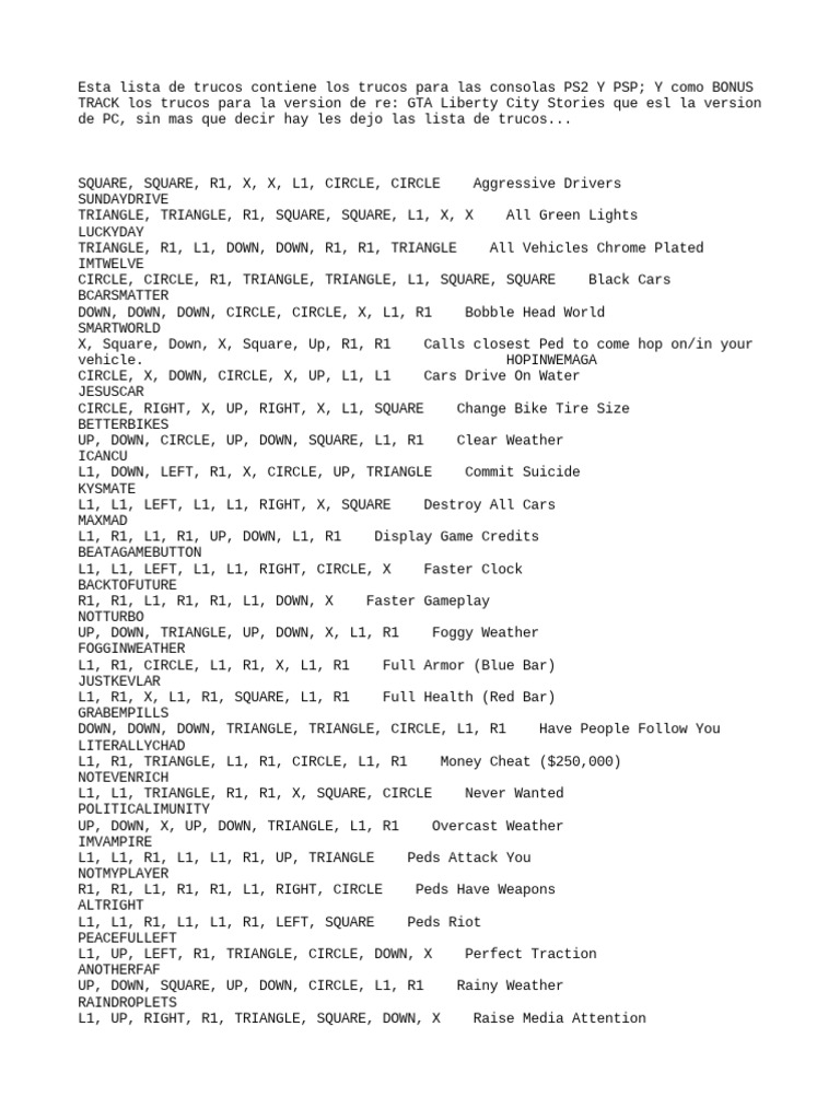 GTA Liberty City Stories Cheats PC PDF Motor Vehicle Transport 1