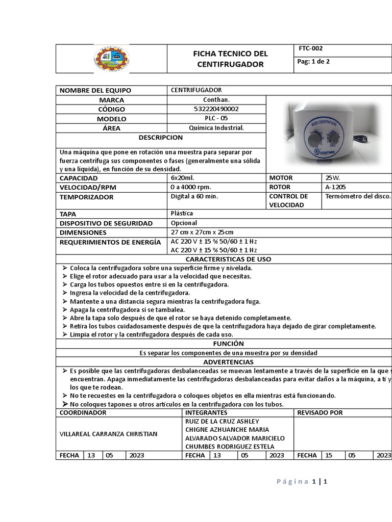 Ficha Técnica Centrifugadora Conthan FTC-002 | PDF | Centrífugo ...