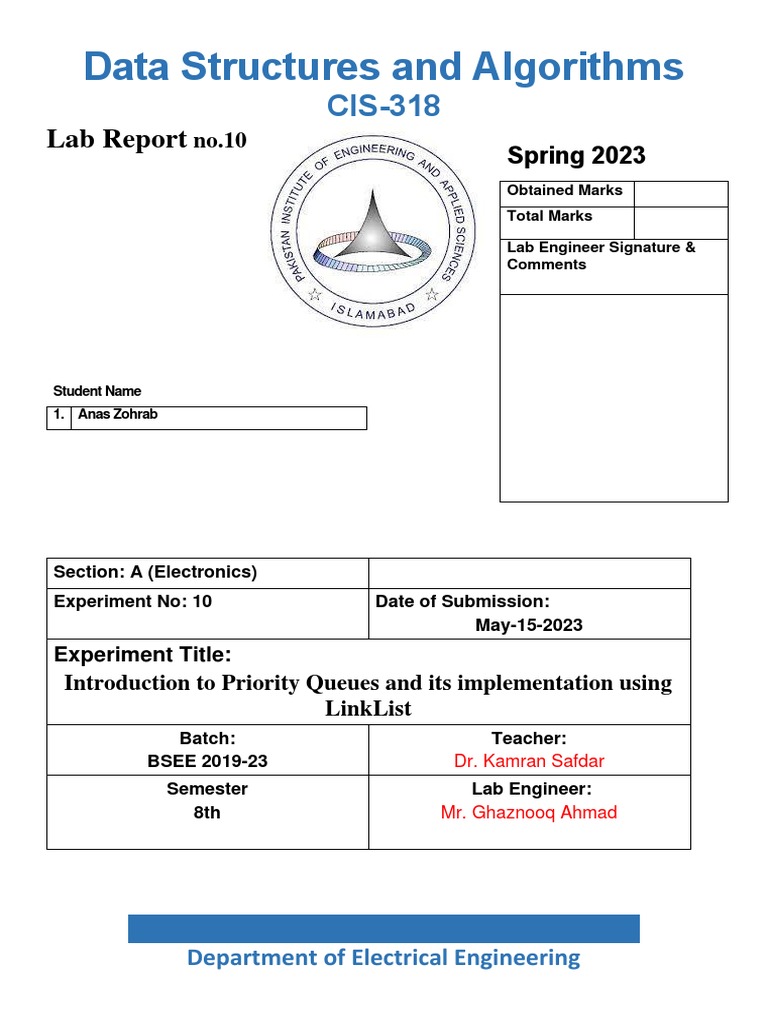 DSA Lab Report 10 Anas Zohrab | PDF | Queue (Abstract Data Type) | Data ...