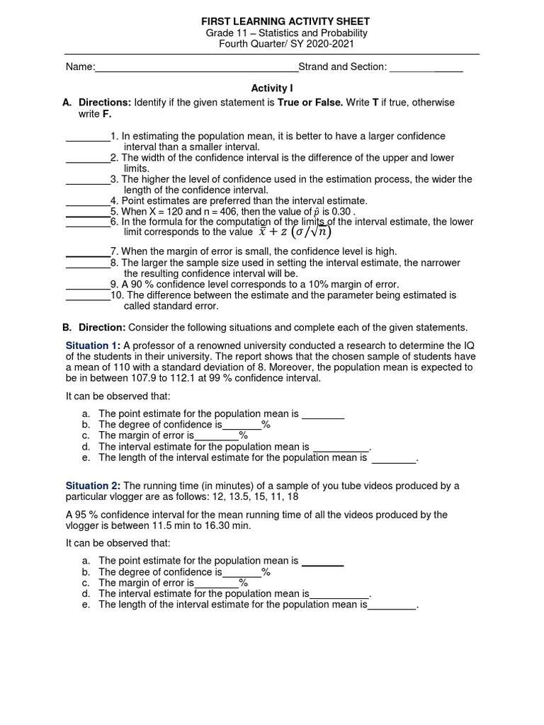 Grade 11 Statistics Activity Sheet | PDF | Confidence Interval | Estimator