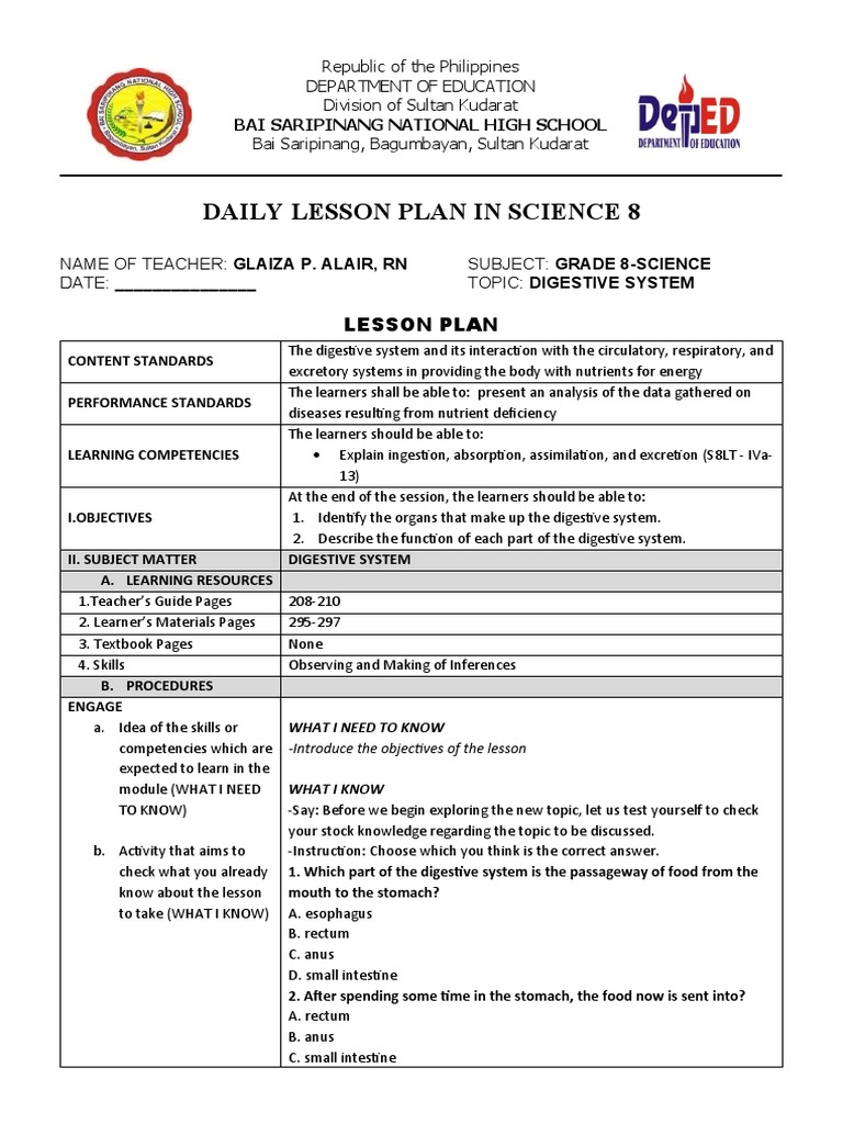 Grade 8 Digestive System Lesson Plan | PDF | Digestion | Stomach