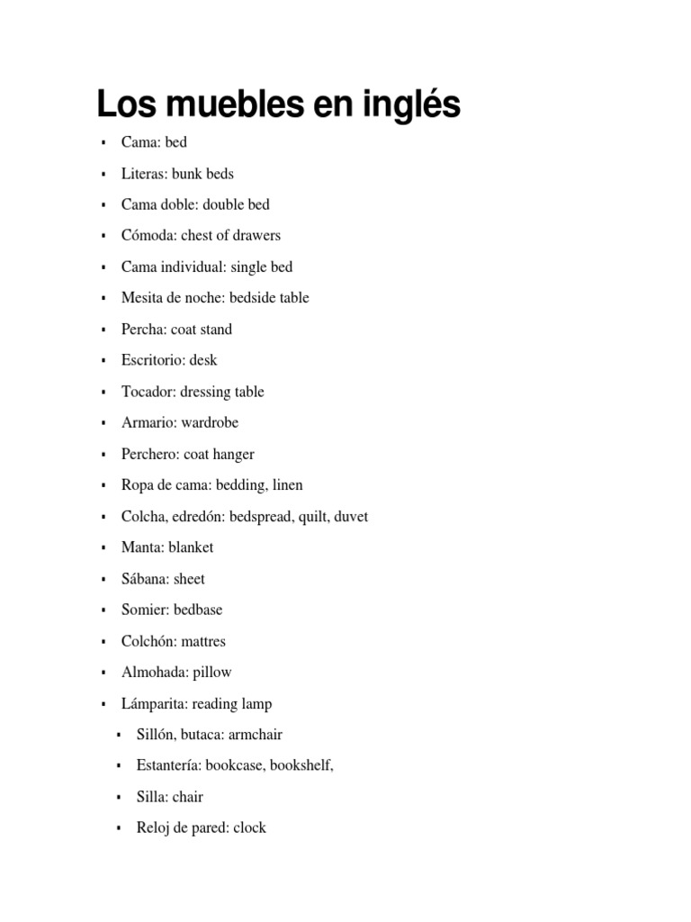 Los Muebles en Inglés PDF