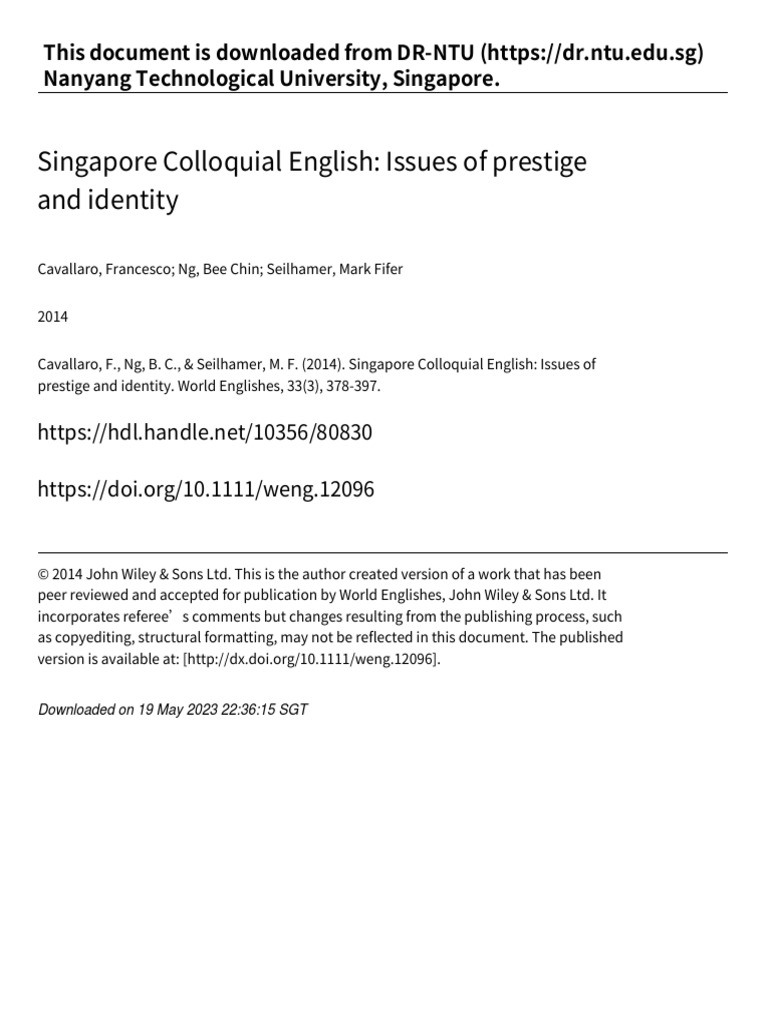 Singapore Colloquial English And Standard English – FFVB