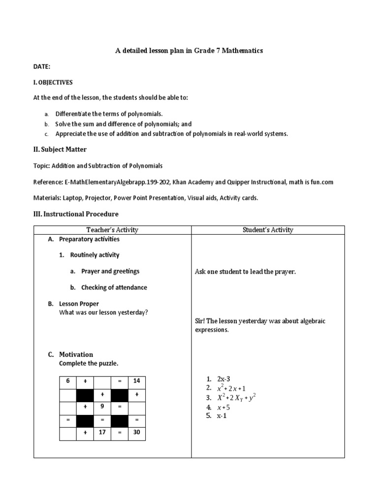 Grade 7 Polynomial Lesson Plan | PDF | Mathematics | Algebra
