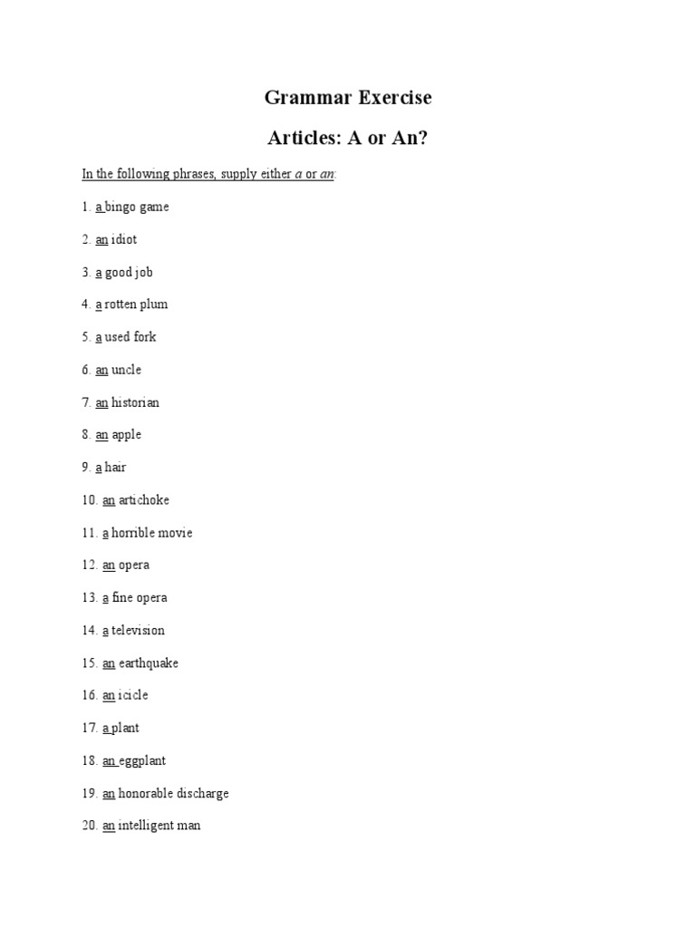 Grammar Exercise - Articles Aaruthy Suriyakumar | PDF