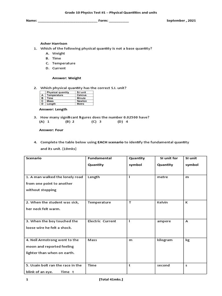 Grade 10 Physics: Quantities & Units Test | PDF | International System ...