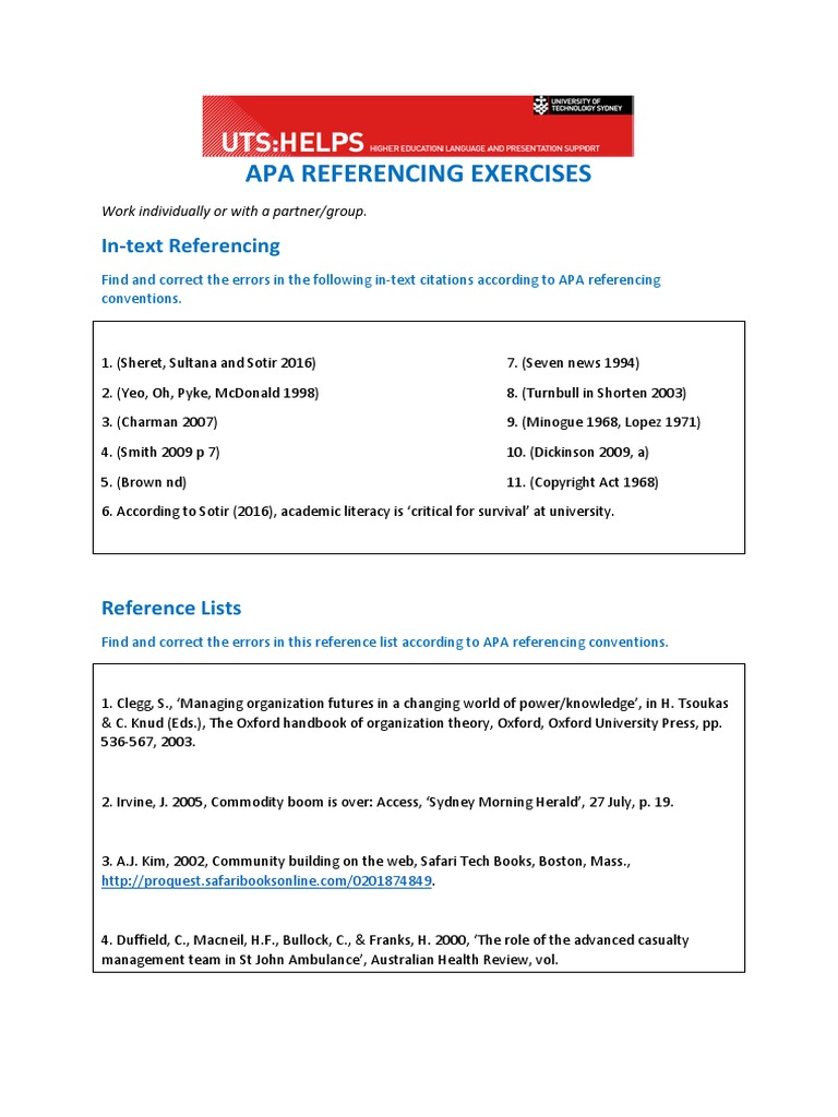 APA Referencing Exercises (With Answers) 0 PDF Apa Style