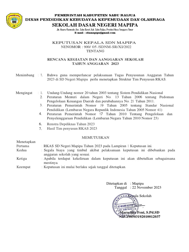 SK Tim Penyusun RKAS 2023 SDN Mapipa | PDF