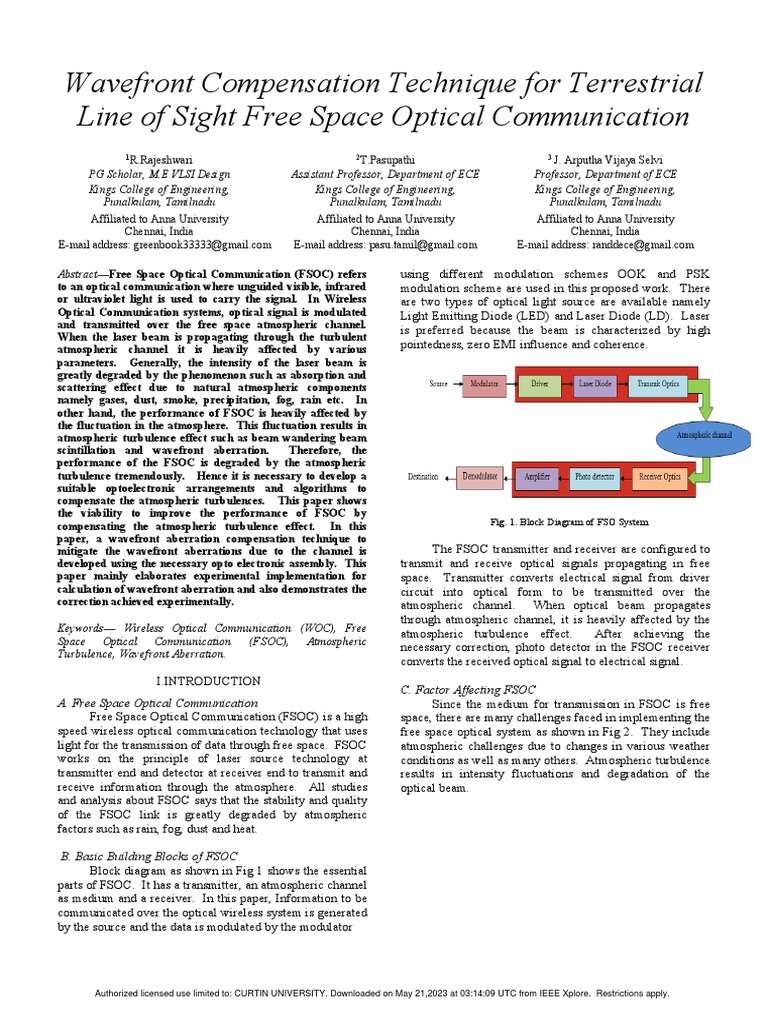 Wavefront Compensation in FSOC | PDF | Optics | Artificial Neural Network
