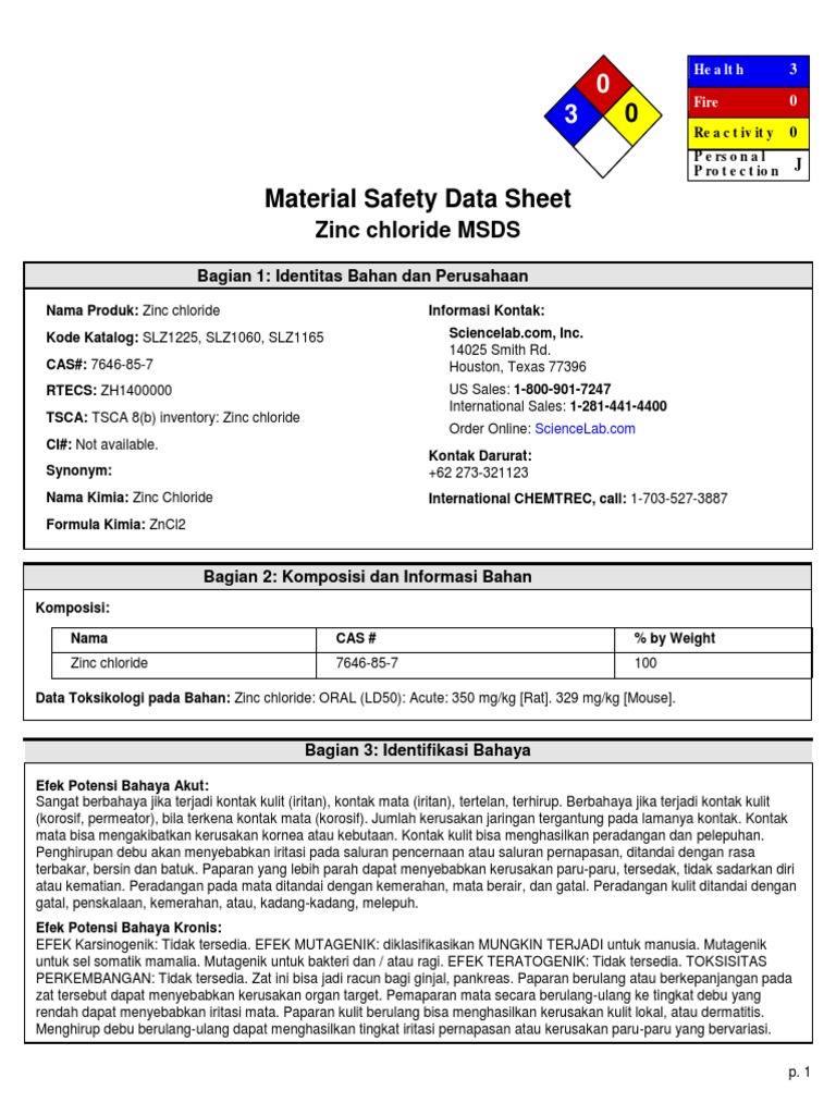 MSDS Zinc Chloride PDF