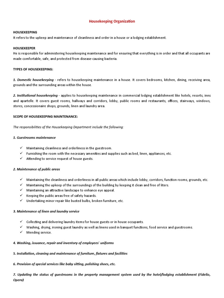 Housekeeping Organization Overview | PDF | Housekeeping | Laundry