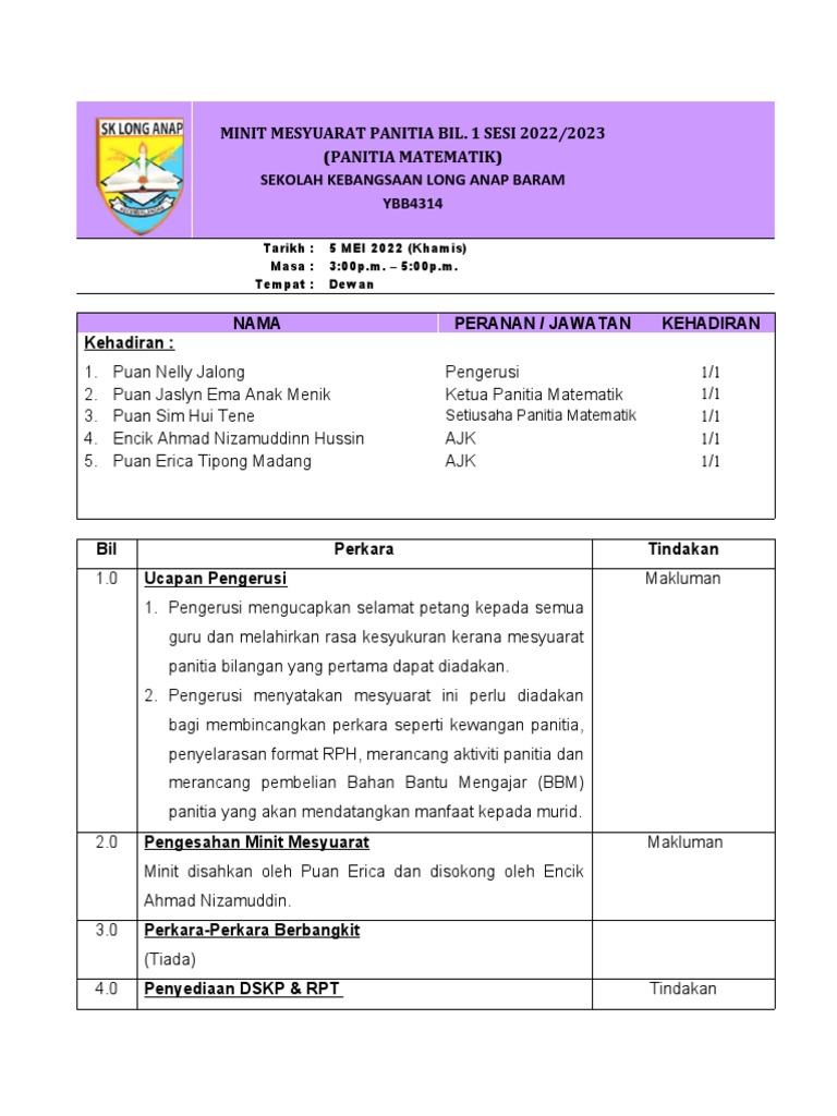 Mesyuarat Panitia Matematik Bil 1 Pdf