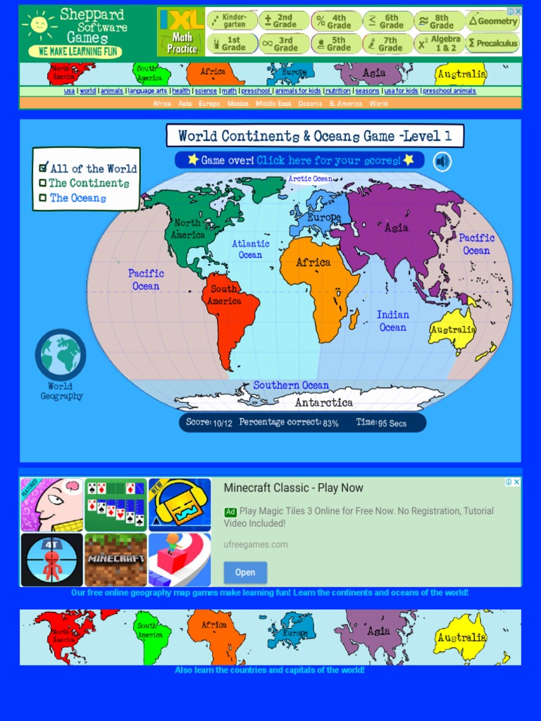 World Continents & Oceans Geography Game Level 1 Interactive Map