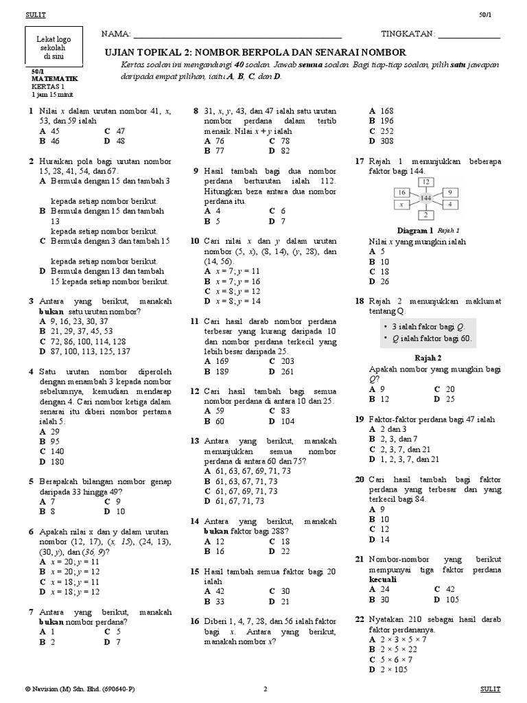 Maths F1 Topical Test 2 (BM) | PDF